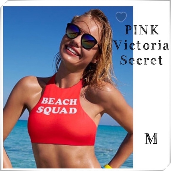Victoria Secret Pink Beach Squad Logo Swim Bikini Top in Red - Picture 1 of 9
